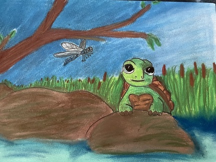 Schildkröte und Libelle am Teich mit Pastellkreide